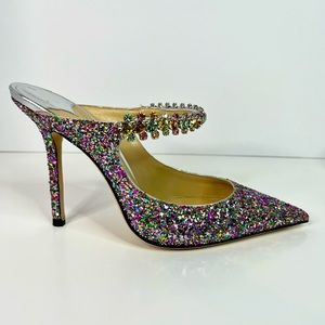 New!! Jimmy Choo Sequin Leather Mules with Crystal Strap